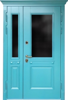 Уличная полуторная дверь с остеклением, карнизом и терморазрывом (отделка – плиты МДФ RAL голубого оттенка) Уличная полуторная дверь с остеклением, карнизом и терморазрывом (отделка – плиты МДФ RAL голубого оттенка)