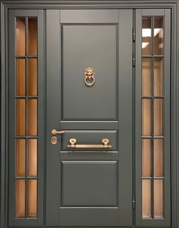 Металлическая входная группа с терморазрывом, боковыми остекленными вставками и кнокером (МДФ RAL серый)