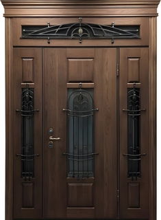 Парадная входная группа с терморазрывом, стеклом, ковкой и карнизом (MDF)