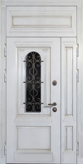 Полуторная входная термодверь с фрамугой, стеклом и ковкой (белые панели МДФ с патиной)
