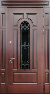 Металлическая термодверь с узкими вставками и отделкой МДФ шпон (ковка + стеклопакет) Металлическая термодверь с узкими вставками и отделкой МДФ шпон (ковка + стеклопакет)