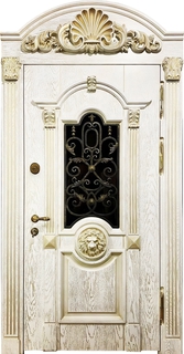 Парадная термодверь с резьбой, ковкой и стеклом (МДФ шпон с патиной) Парадная термодверь с резьбой, ковкой и стеклом (МДФ шпон с патиной)
