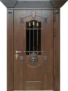 Коттеджная термодверь со стеклом, ковкой и капителями (МДФ со шпоном) Коттеджная термодверь со стеклом, ковкой и капителями (МДФ со шпоном)