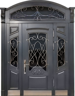 Остекленная входная группа с терморазрывом, решетками и отбойниками (МДФ RAL серый)